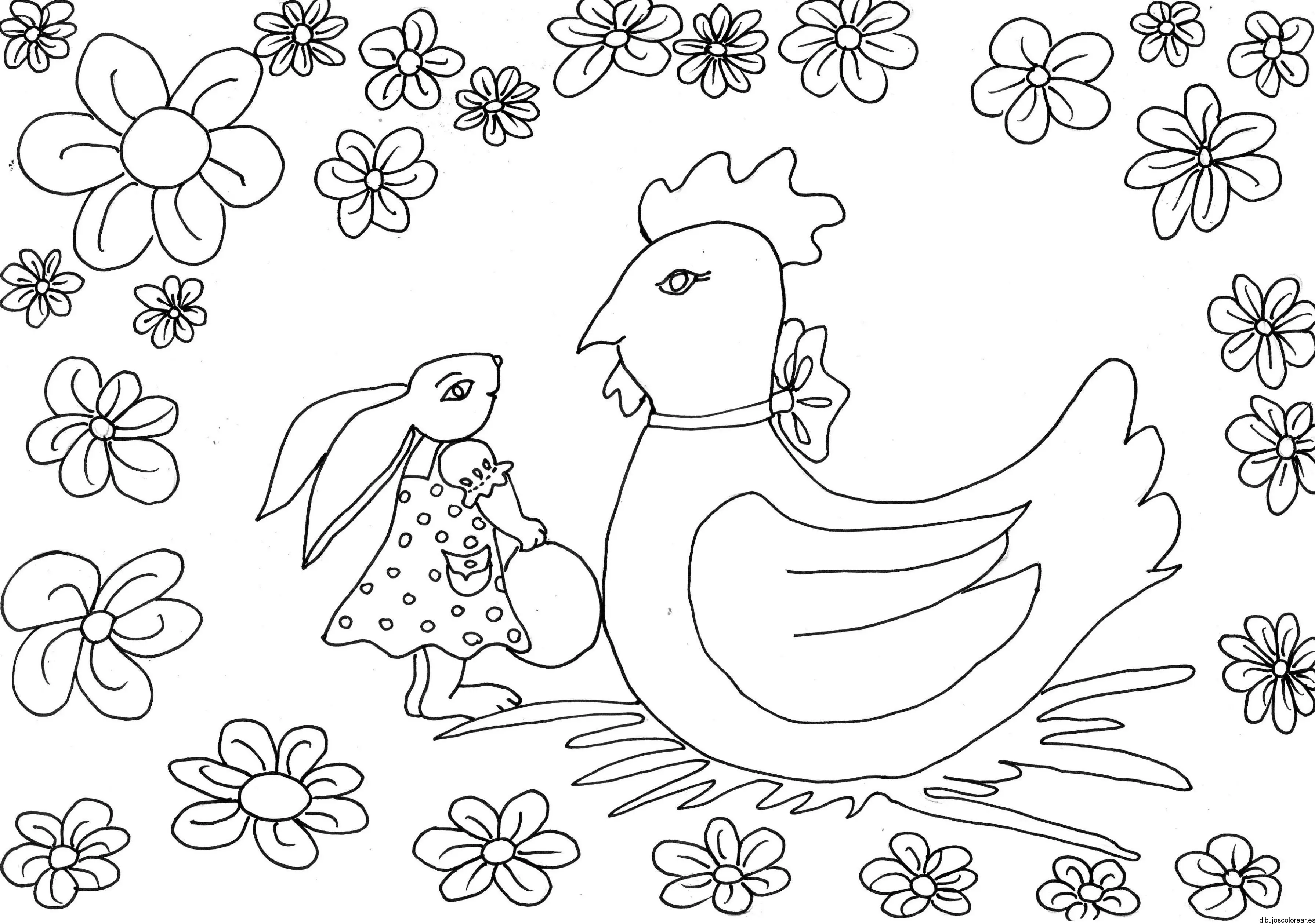 Conejo de pascua y gallina para colorear
