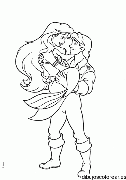 Dibujo de Ariel en brazos de su amado para colorear