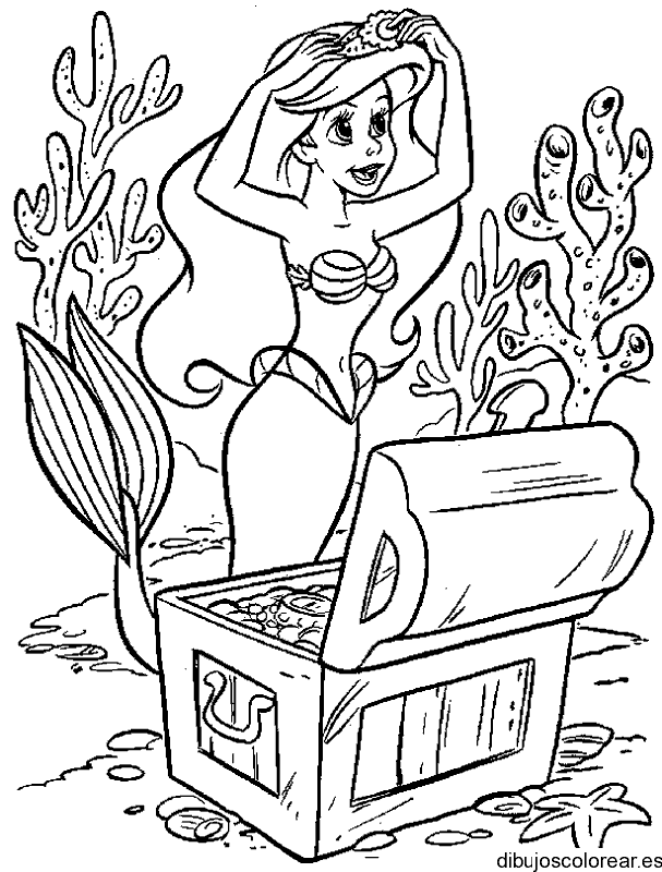 Dibujo de Ariel en el cofre del tesoro para colorear