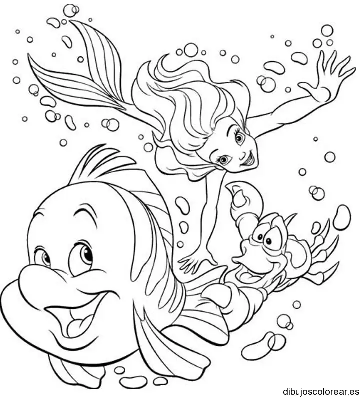 Dibujo de Ariel, Flounder y Sebastian para colorear