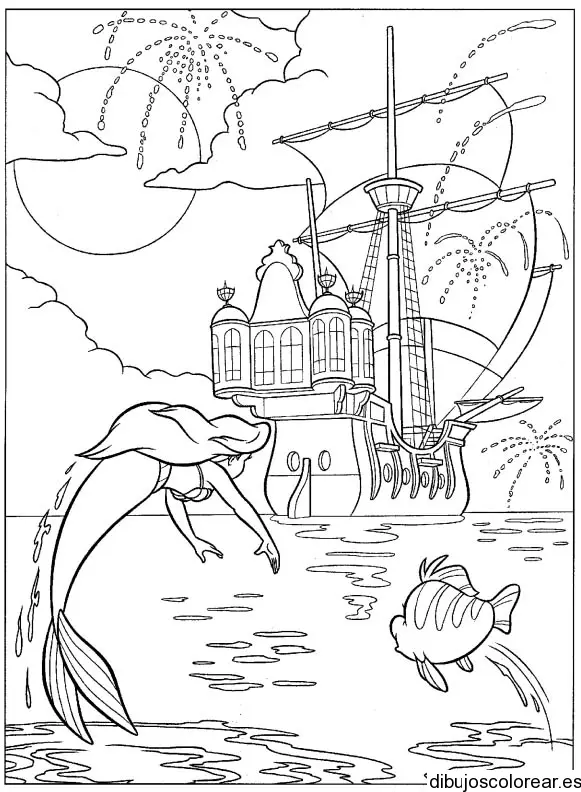 Dibujo de Ariel y un barco para colorear