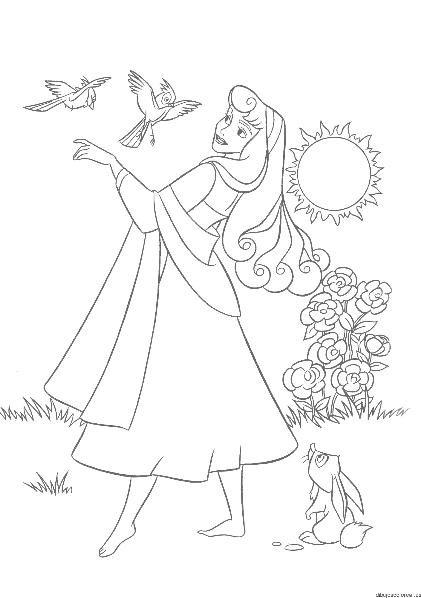 Dibujo de Aurora en el Jardín con pájaros para colorear