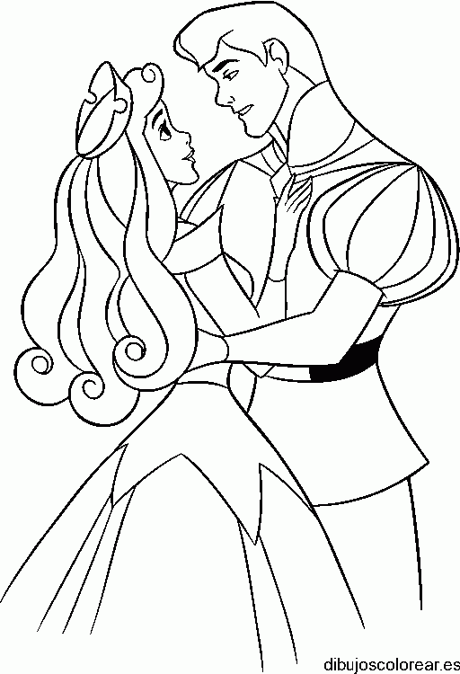 Dibujo de Aurora y el principe abrazados bailando para colorear