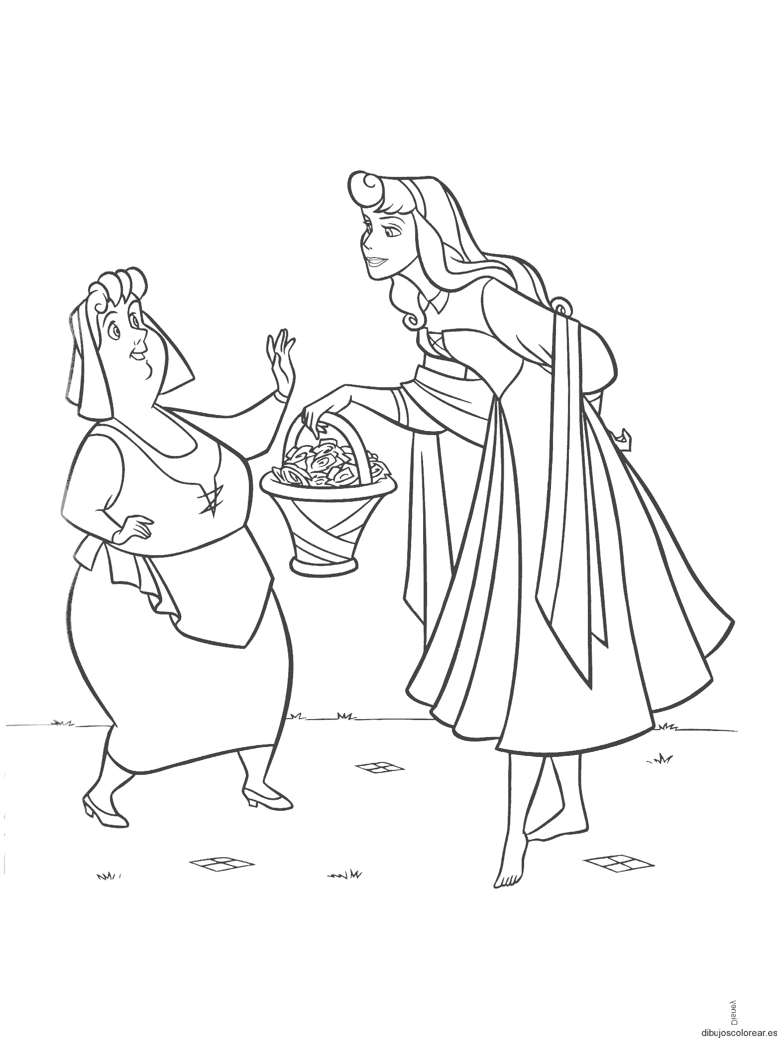 Dibujo de Aurora y una campesina para colorear