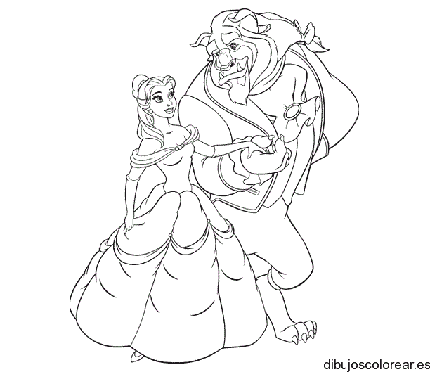 Dibujo de Bella y Bestia de paseo para colorear
