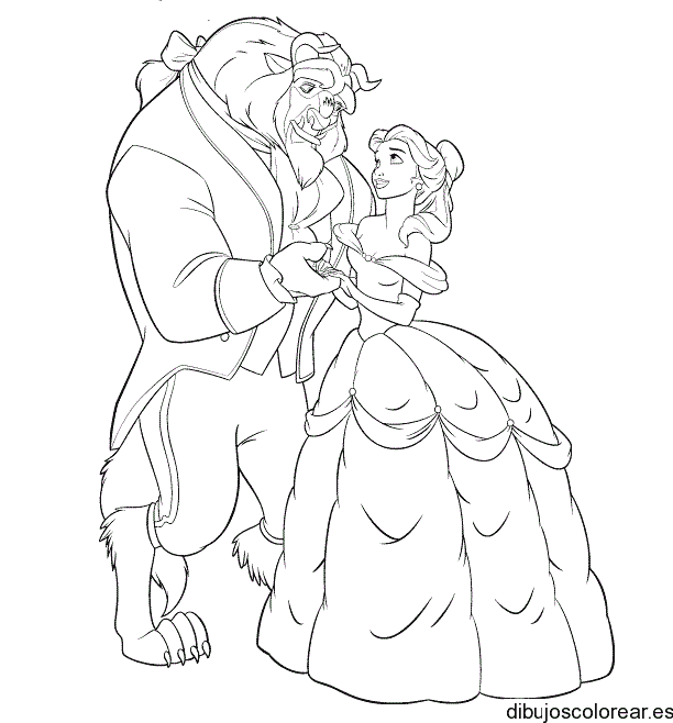 Dibujo de Bella y Bestia enamorados para colorear