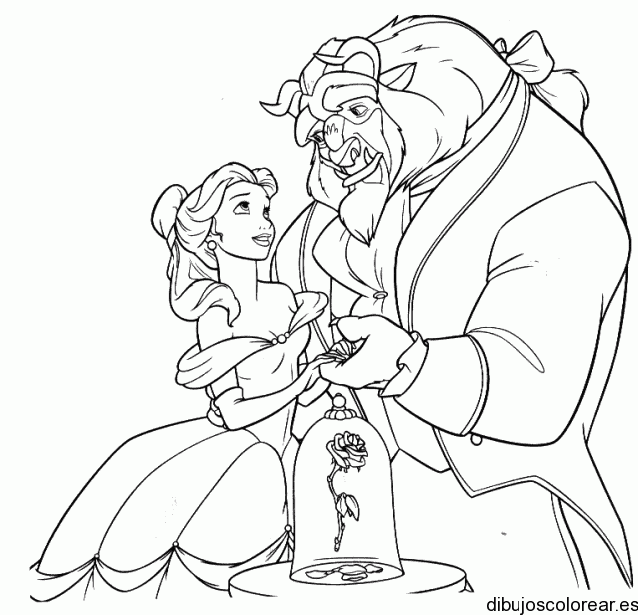 Dibujo de Bella y la bestia con una flor para colorear
