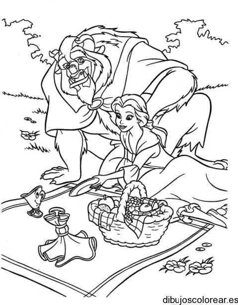 Dibujo de Bella y la bestia en un día de campo para colorear