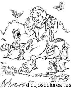 Dibujo de Blanca Nieves con los animales del bosque para colorear