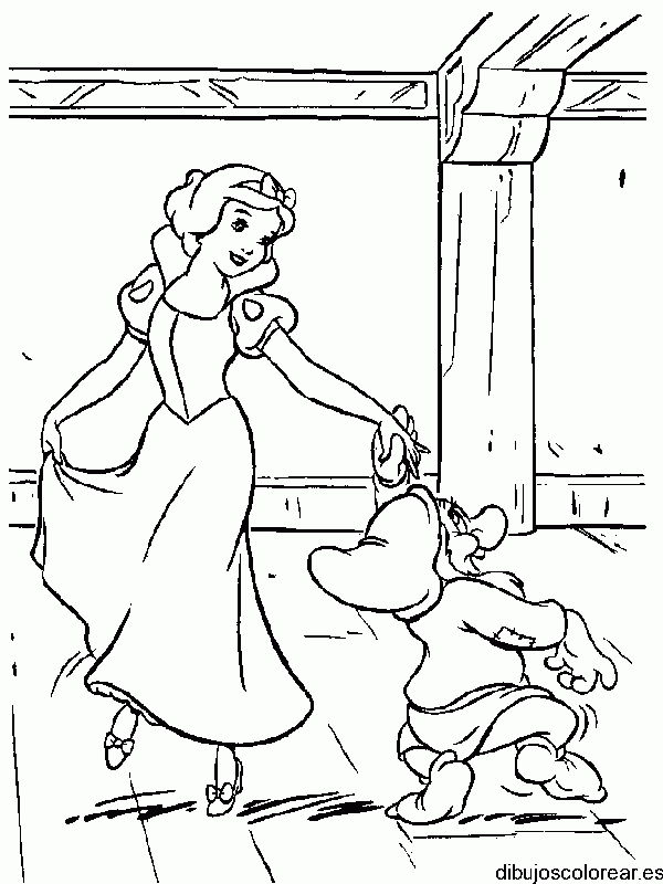 Dibujo de Blancanieves bailando con un enano para colorear