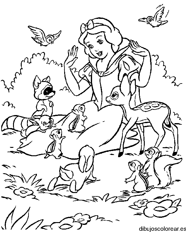 Dibujo de Blancanieves en el bosque para colorear