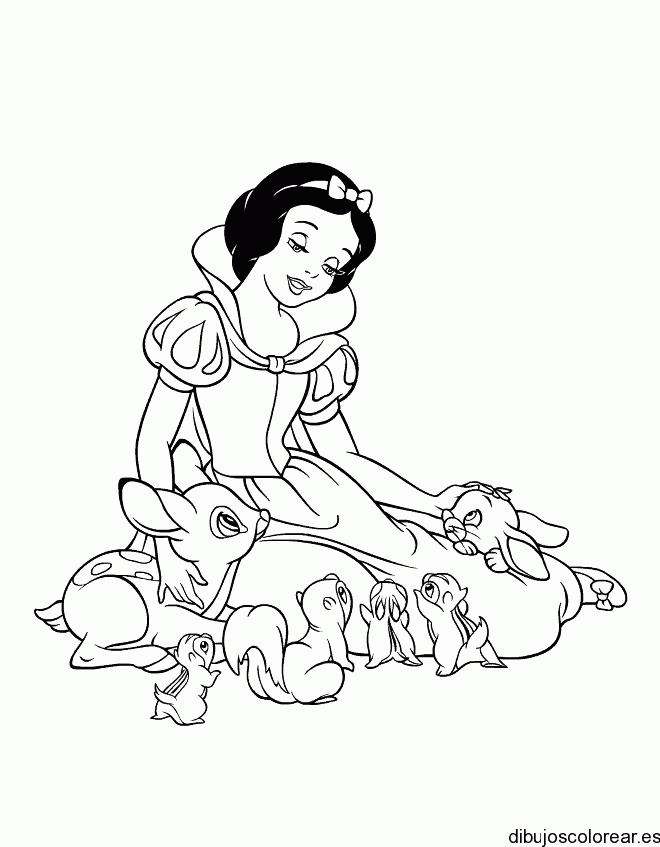 Dibujo de Blancanieves rodeada de animales para colorear