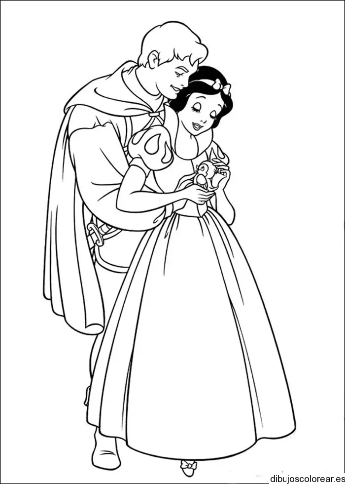 Dibujo de Blancanieves y el príncipe con un pajarillo para colorear