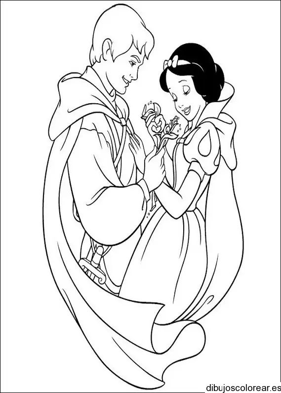 Dibujo de Blancanieves y el príncipe con una flor para colorear
