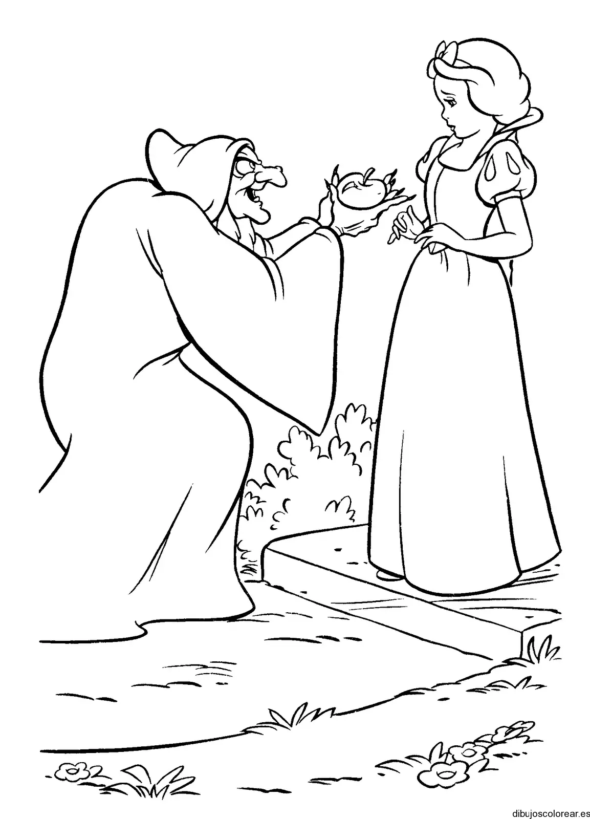 Dibujo de Blancanieves y la bruja con manzana para colorear