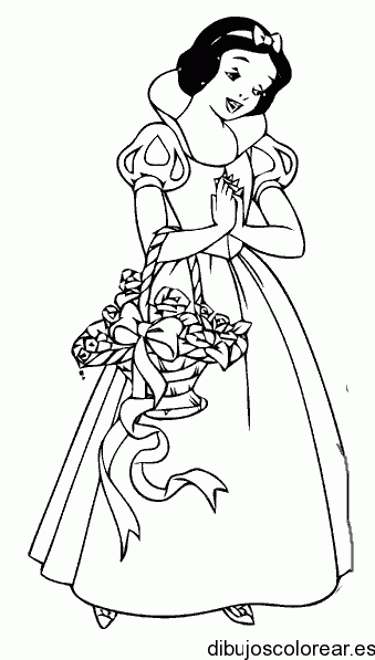 Dibujo de Blancanieves y un canasto con flores para colorear
