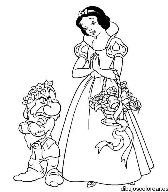 Dibujo de Blancanieves y una cesta con flores para colorear