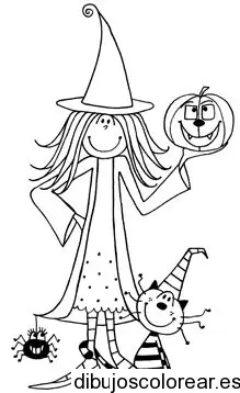 Dibujo de brujita y calabaza para colorear