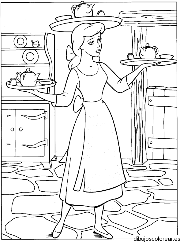Dibujo de Cenicienta en la cocina para colorear