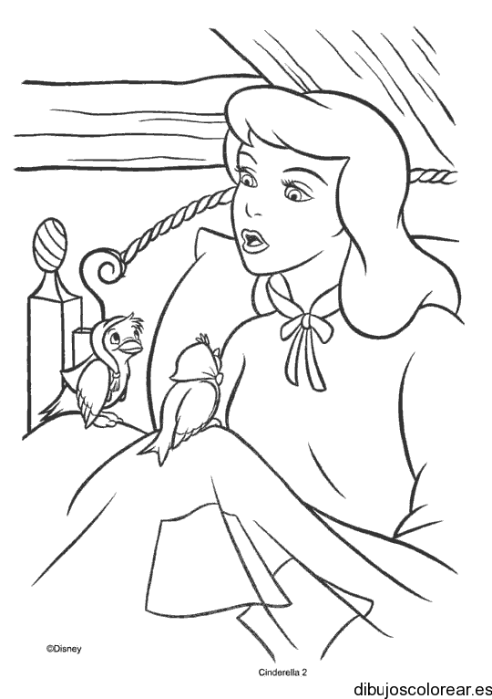 Dibujo de Cenicienta y dos pájaros para colorear