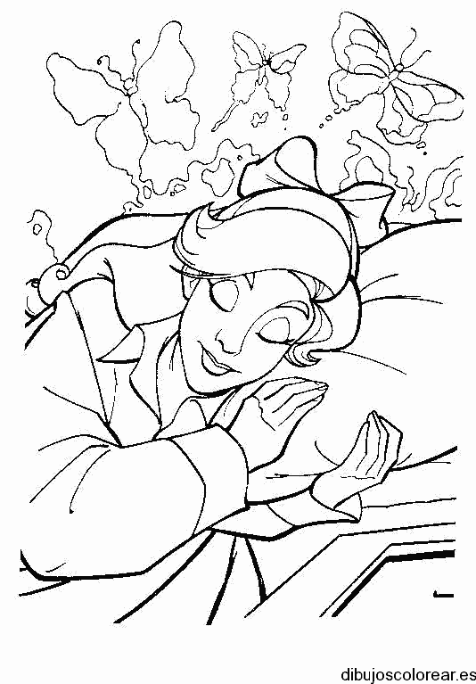 Dibujo de chica durmiendo bajo las mariposas para colorear