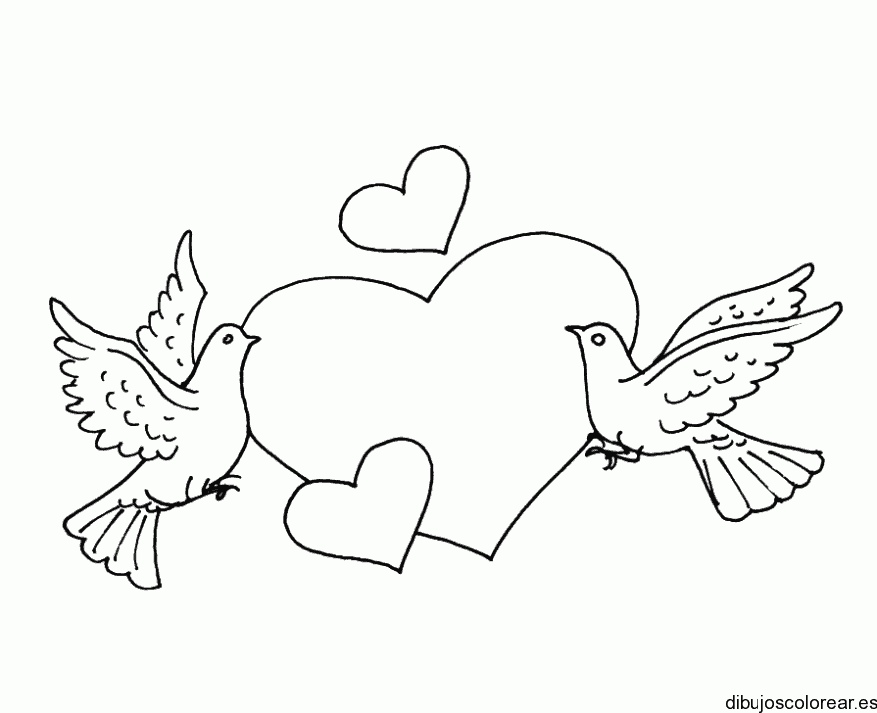 Dibujo de corazón y dos palomas para colorear