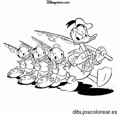 Dibujo de Donald y sus sobrinos van a pescar para colorear