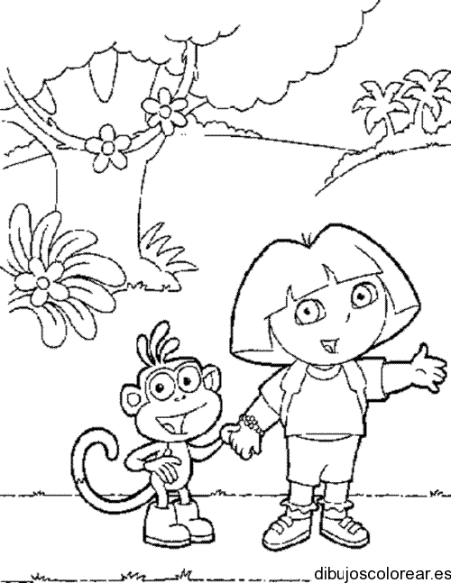 Dibujo de Dora dándole la mano a Botas para colorear