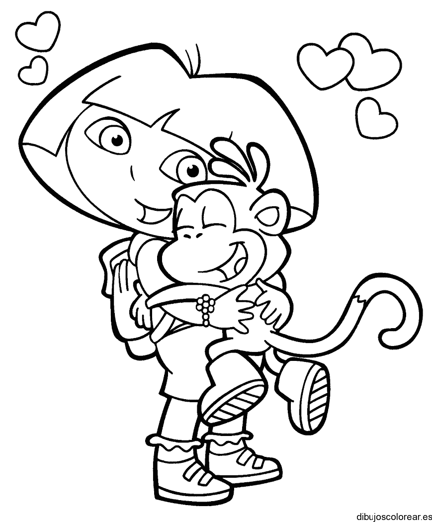 Dibujo de Dora la Exploradora con un mono y corazones para colorear