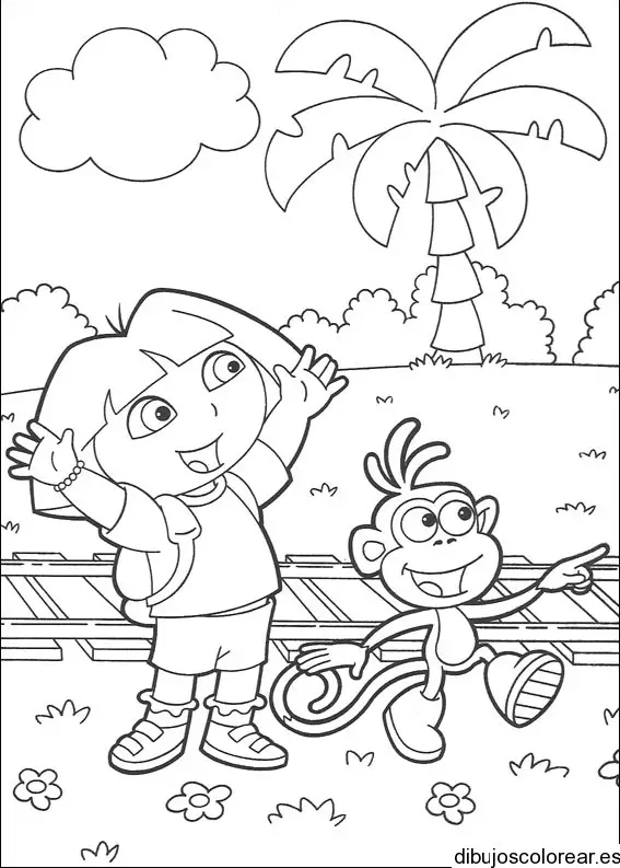 Dibujo de Dora la exploradora en la vía del tren para colorear