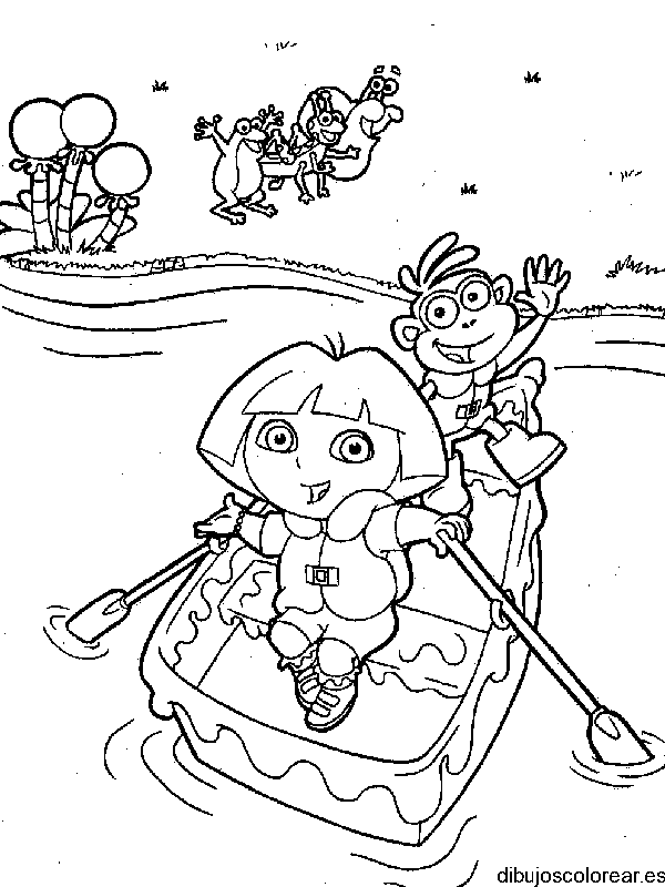 Dibujo de Dora la exploradora en una lancha para colorear