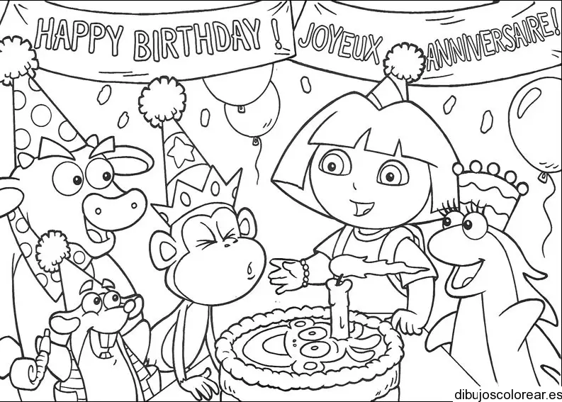 Dibujo de Dora la exploradora y cumpleaños para colorear