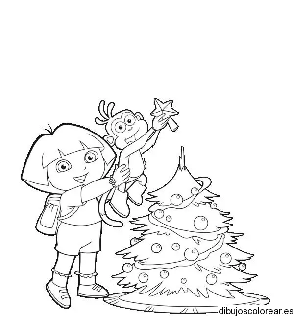 Dibujo de Dora la exploradora y un árbol de navidad para colorear