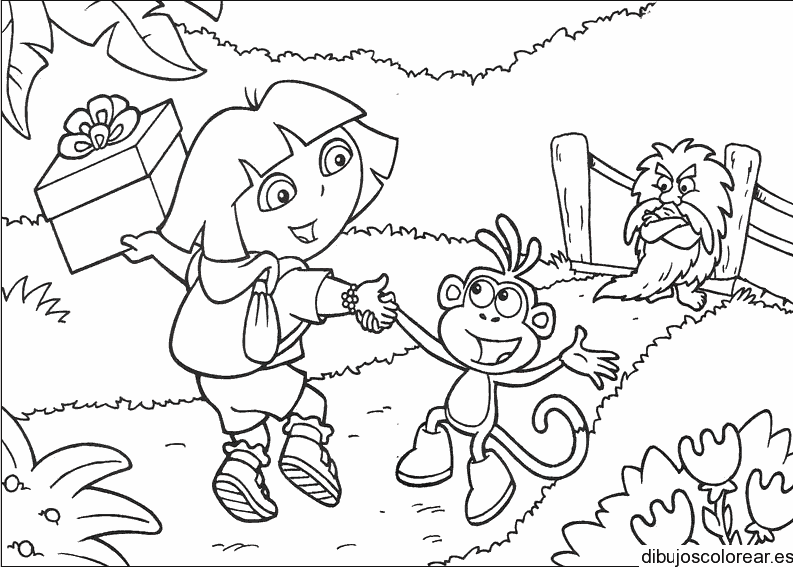 Dibujo de Dora la exploradora y un regalo para colorear