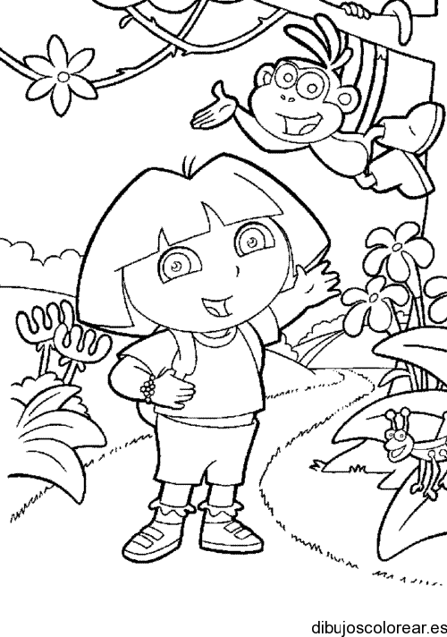 Dibujo de Dora y Botas colgando de un árbol para colorear
