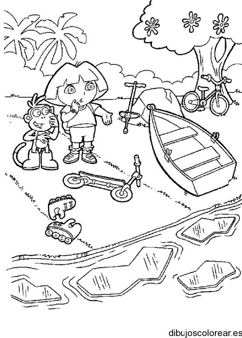 Dibujo de Dora y Botas en el río para colorear