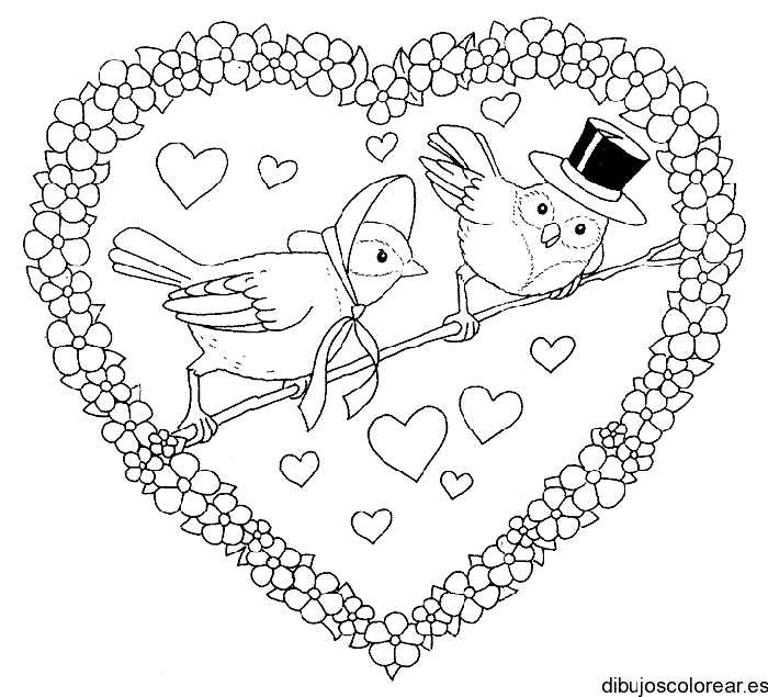 Dibujo de dos aves en un corazón para colorear