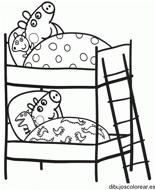 Dibujo de dos cerditos durmiendo en litera para colorear