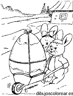 Dibujo de dos conejos con un huevo de pascua para colorear