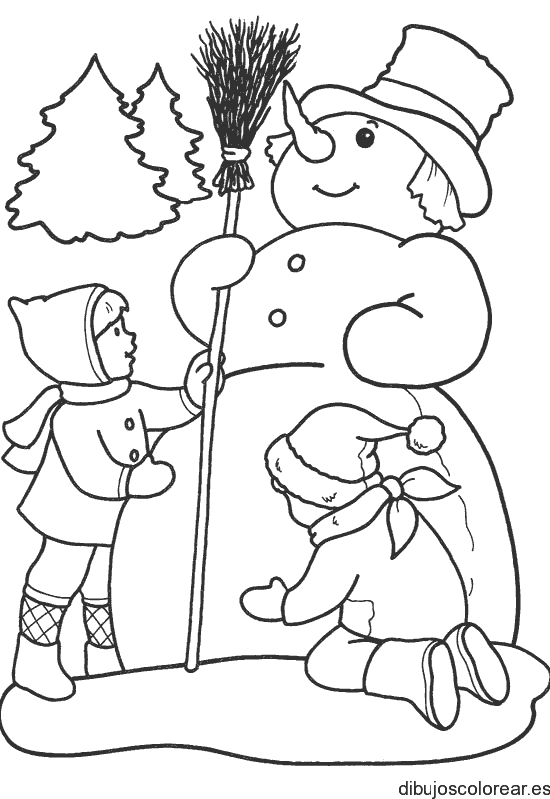 Dibujo de dos niñas y un hombre de nieve para colorear