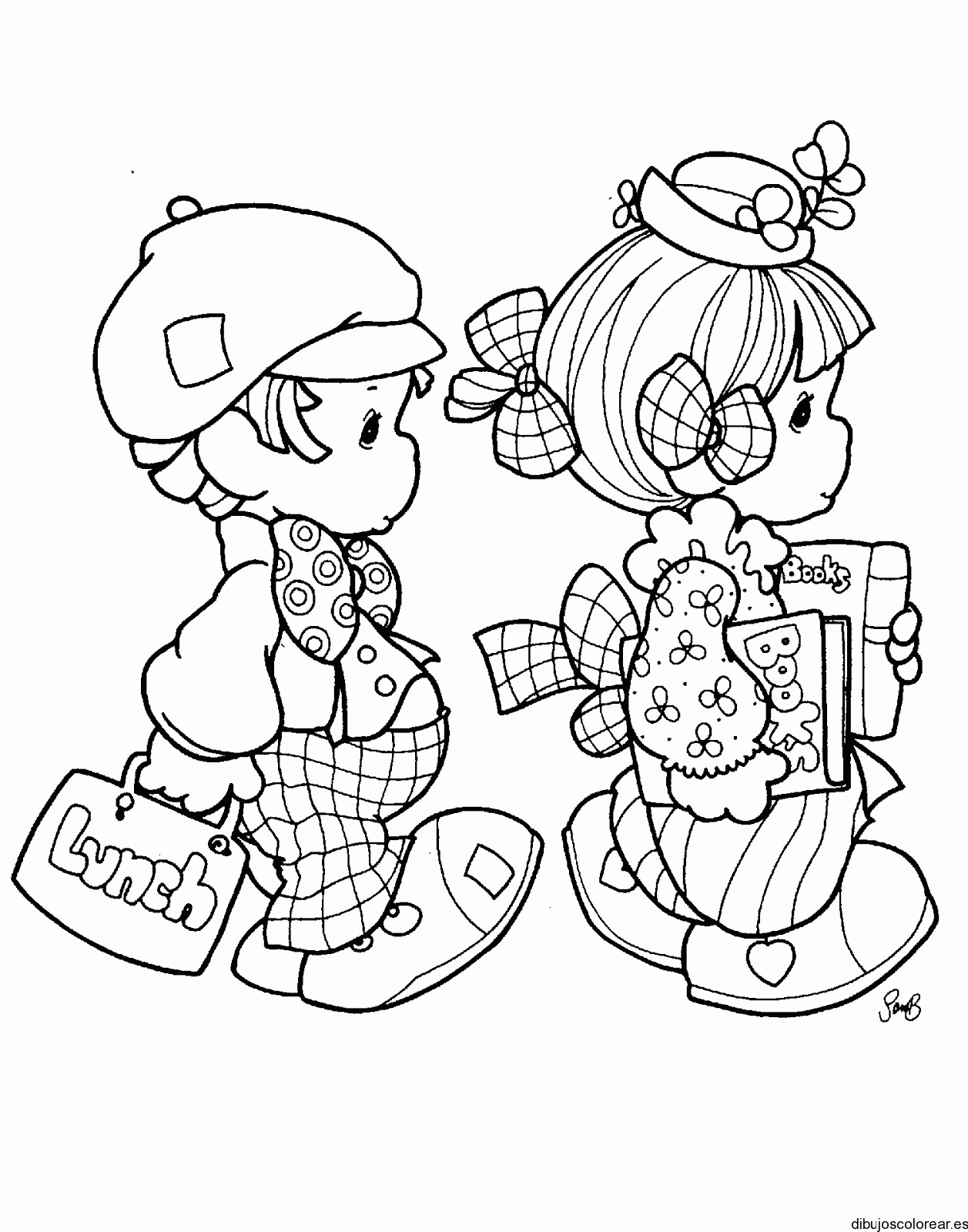 Dibujo de dos niños camino al colegio para colorear