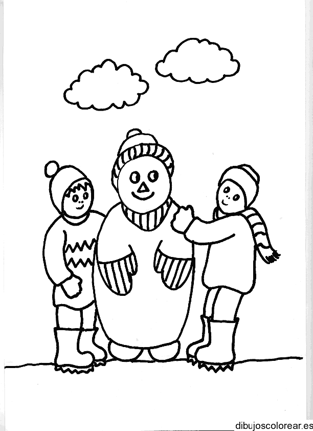 Dibujo de dos niños con muñeco de nieve para colorear