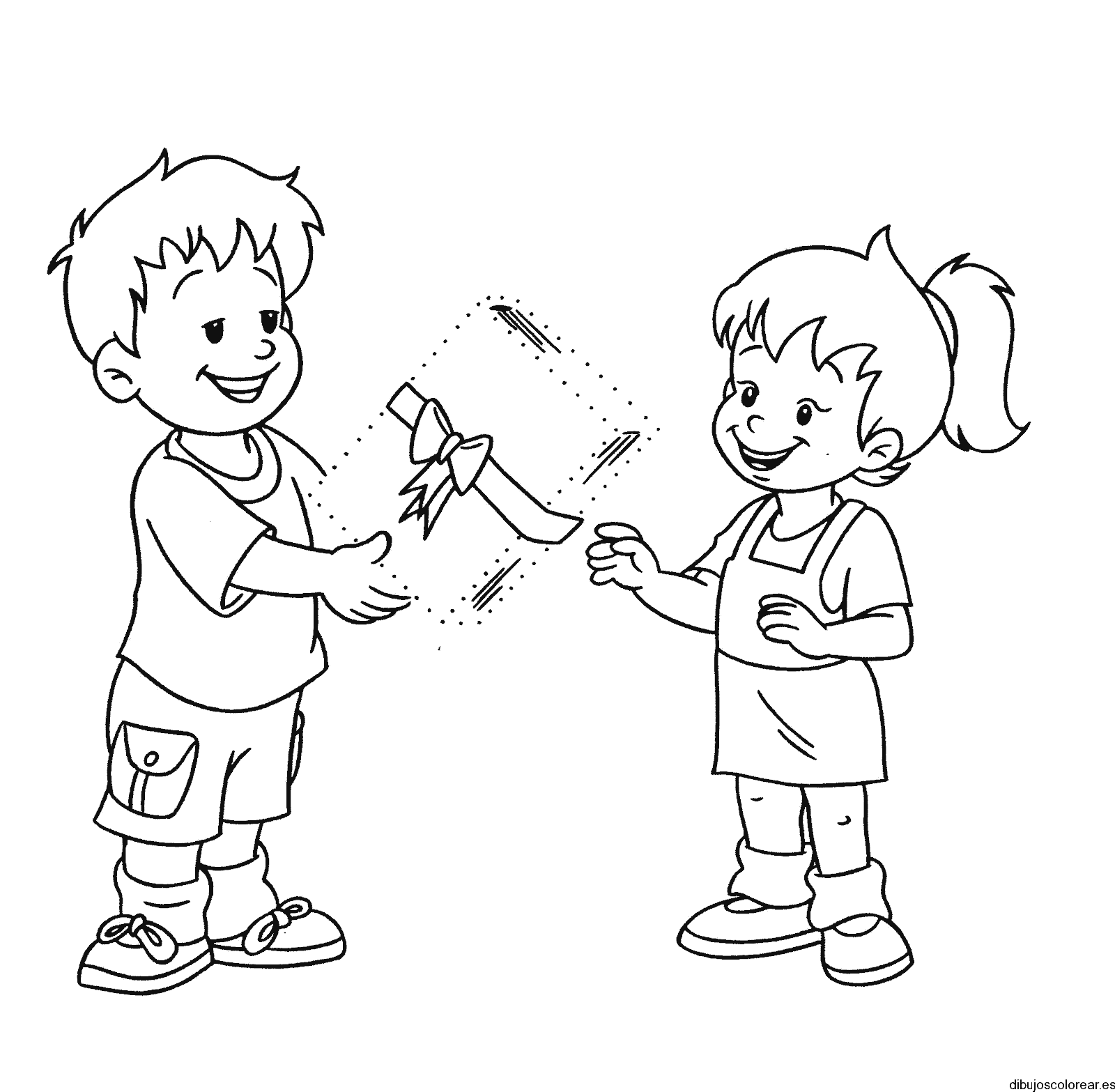 Dibujo de dos niños con un regalo para colorear