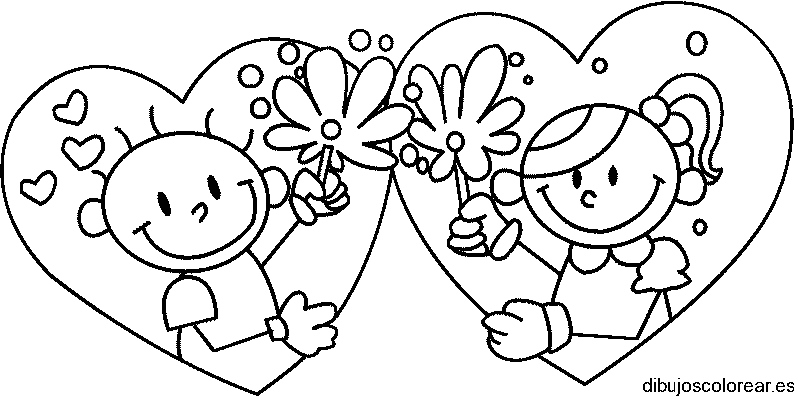 Dibujo de dos niños en corazones para colorear