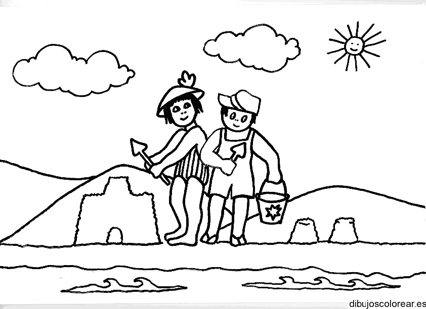 Dibujo de dos niños en el mar para colorear