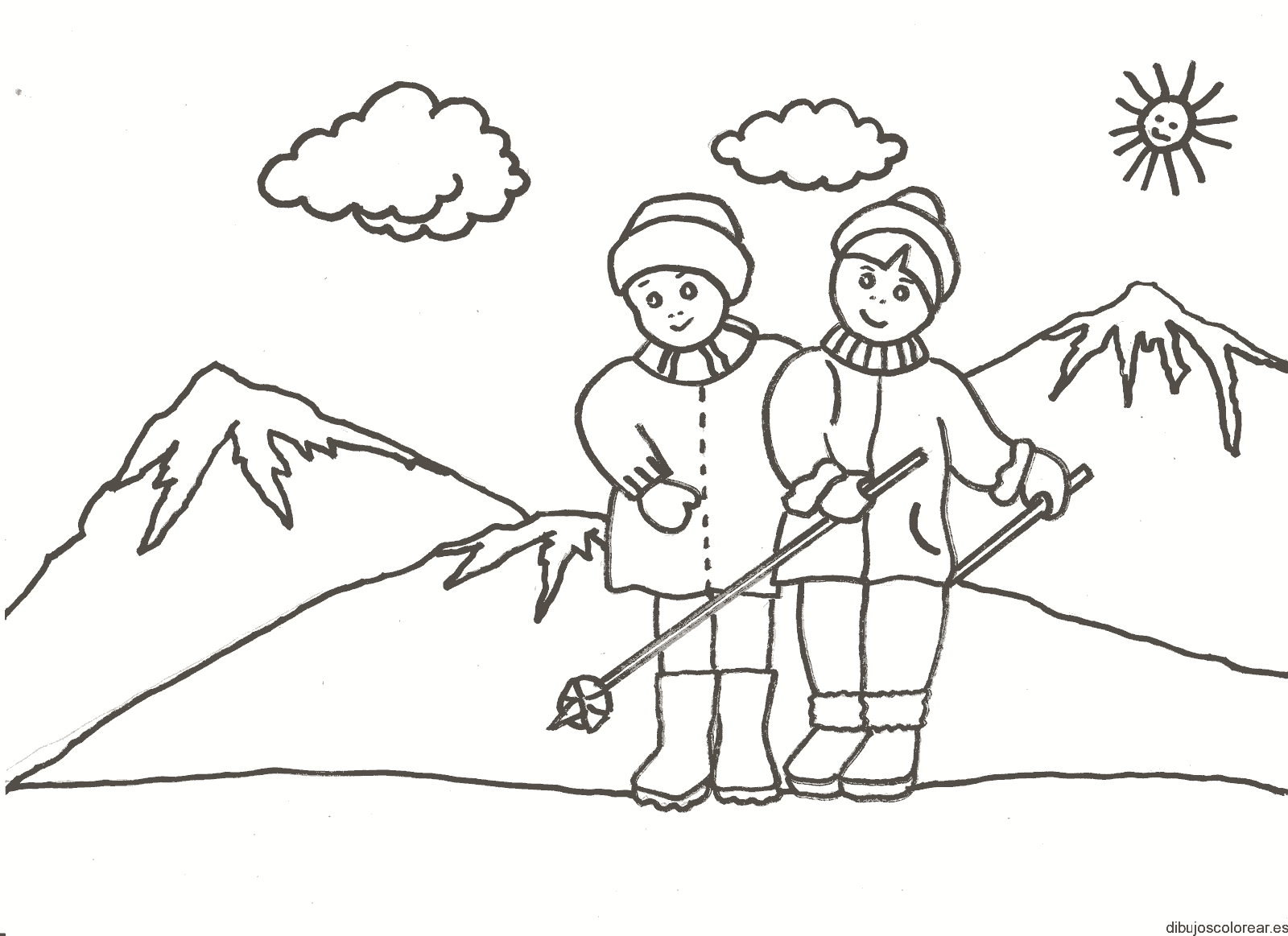 Dibujo de dos niños en la nieve para colorear