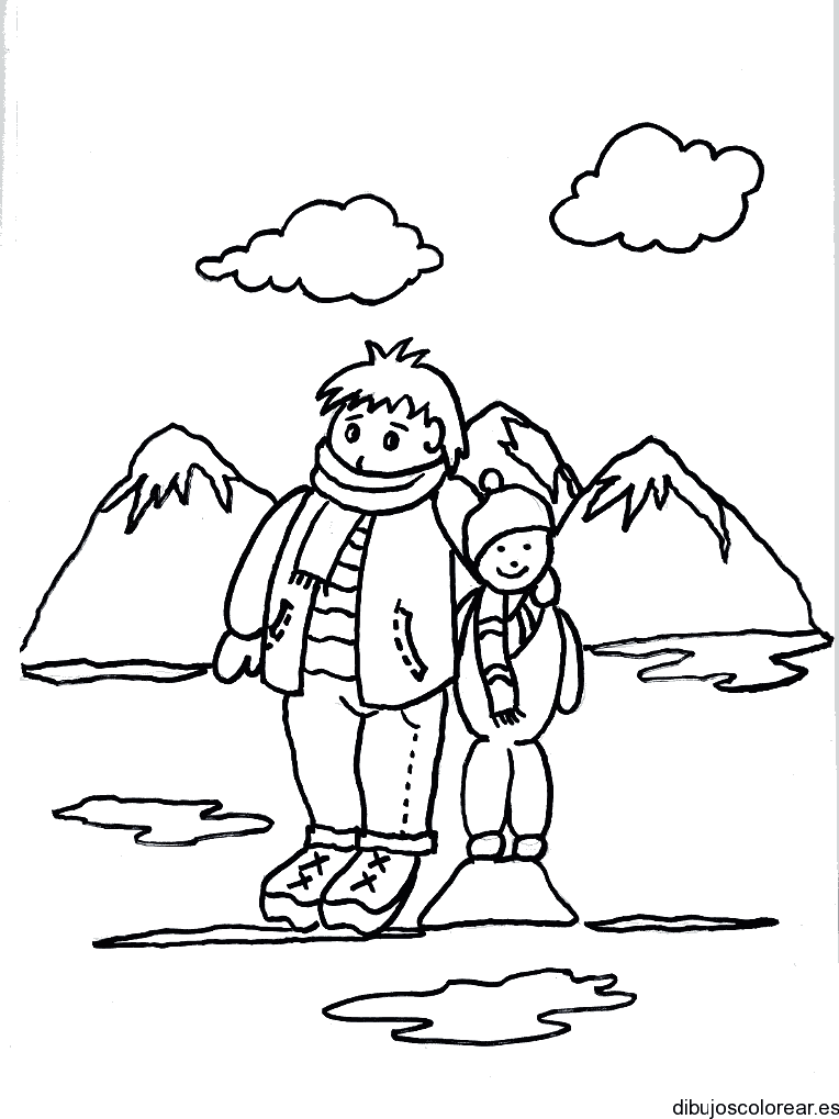 Dibujo de dos niños en la nieve para colorear
