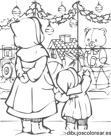 Dibujo de dos niños en un escaparate para colorear