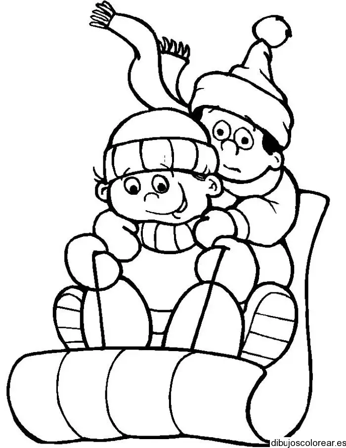 Dibujo de dos niños en un trineo para colorear
