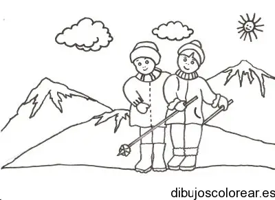 Dibujo de dos niños esquiadores para colorear